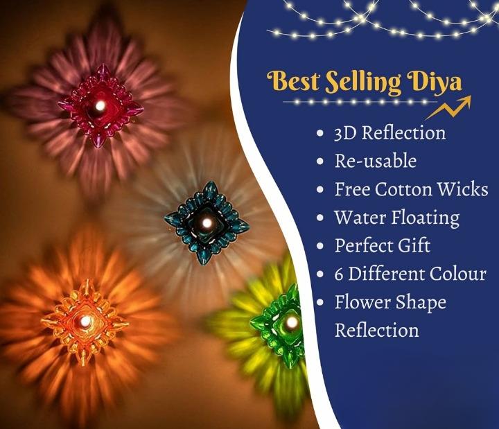 3D Reusable Reflective Shadow Colourful Oil based Diya (Pack of 12/24)
