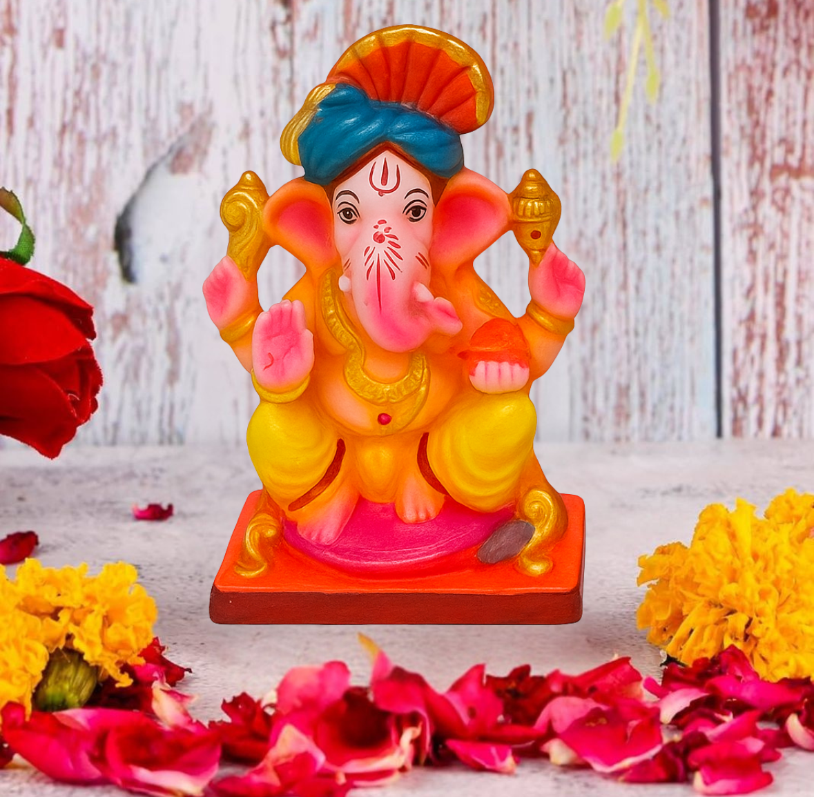Sustainable 8 Inch Lord Ganesha Idol – Terracotta with Organic Colors