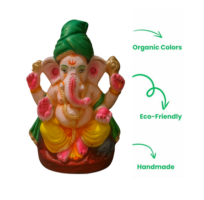Sustainable 8 Inch Lord Ganesha Idol – Terracotta with Organic Colors